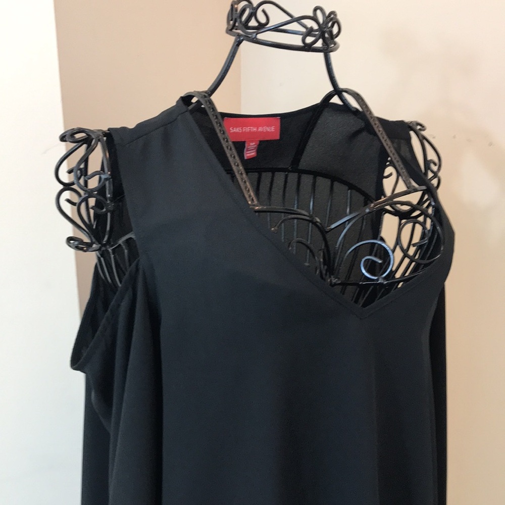 Saks Fifth Avenue Black Cold Shoulder V-Neck Sheer Top